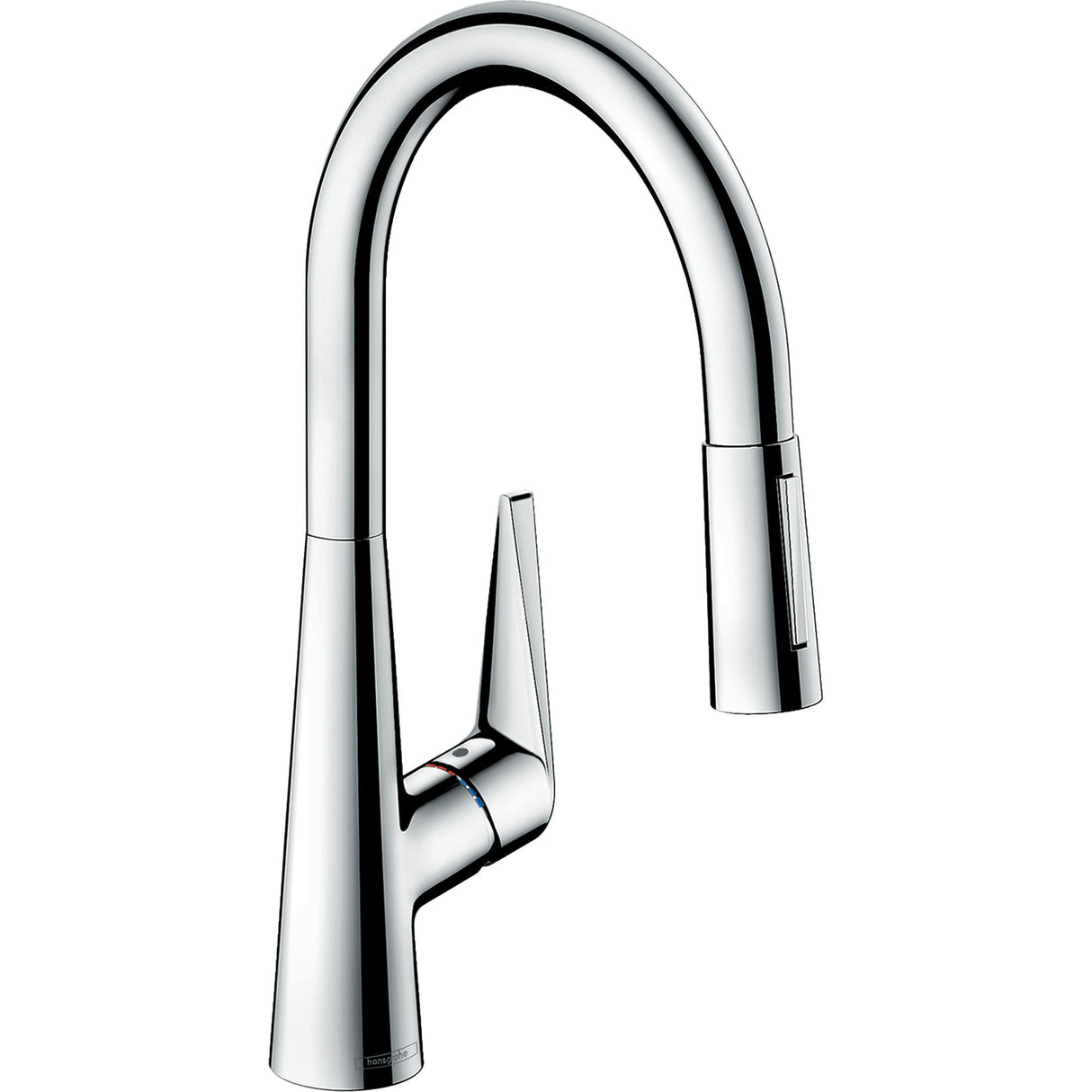 Mitigeur de cuisine Hansgrohe chromé, robinet design avec bec haut et poignée latérale.