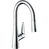 Mitigeur de cuisine Hansgrohe chromé, robinet design avec bec haut et poignée latérale.