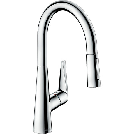 Mitigeur de cuisine Hansgrohe chromé, robinet design avec bec haut et poignée latérale.