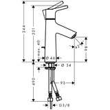 Schéma technique mitigeur Grohe chromé pour lavabo, dimensions et raccords apparents