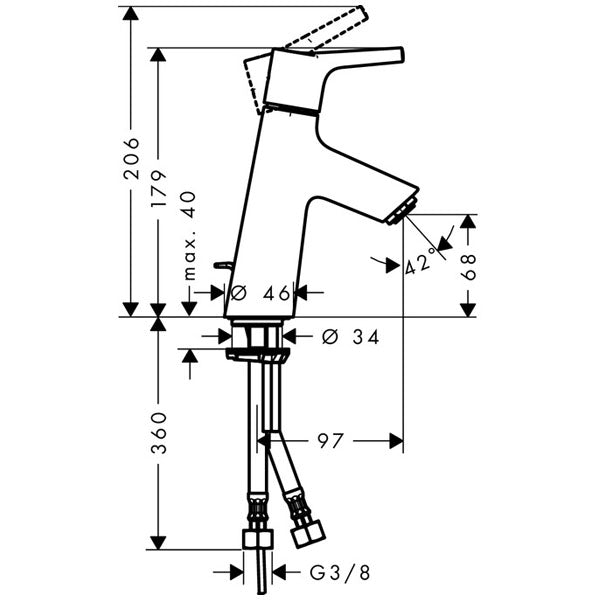 Mitigeur lavabos chrome Grohe, schéma technique avec dimensions précises