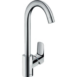 Mitigeur cuisine Hansgrohe en acier chromé, robinet moderne, poignée latérale.