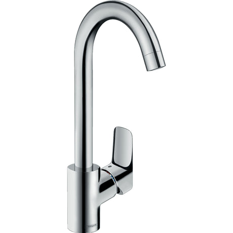 Mitigeur cuisine Hansgrohe en acier chromé, robinet moderne, poignée latérale.