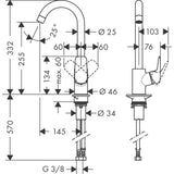 Schéma technique du mitigeur Grohe, robinet de cuisine, finition chromée argent.