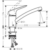Mitigeur Grohe, robinet de lavabo chromé, schéma technique avec dimensions.
