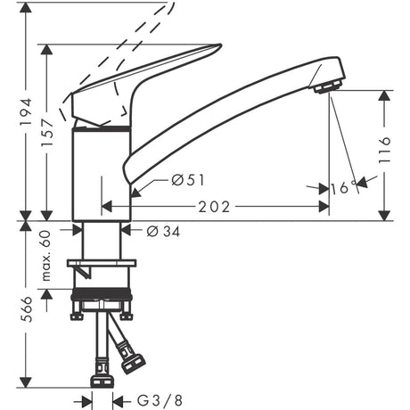 Mitigeur Grohe, robinet de lavabo chromé, schéma technique avec dimensions.