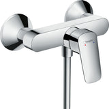 Mitigeur douche chromé Hansgrohe, robinet mural moderne couleur argentée.
