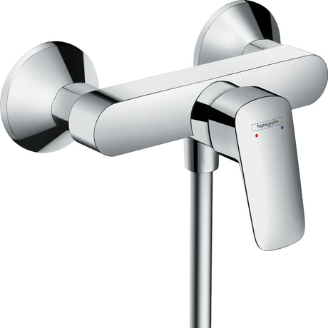 Mitigeur douche chromé Hansgrohe, robinet mural moderne couleur argentée.