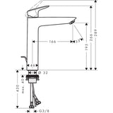 Robinet mitigeur Grohe, lavabo, couleur chrome, schéma technique avec dimensions