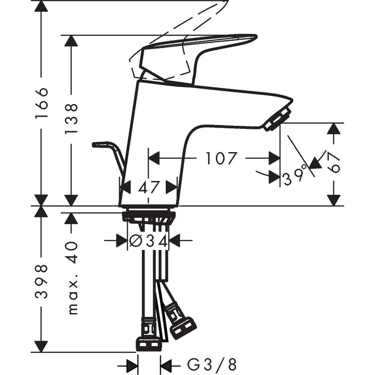 Mitigeur Grohe, robinet de lavabo chromé, plan technique avec dimensions détaillées