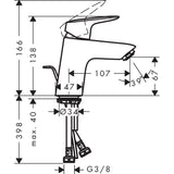 Mitigeur Grohe, robinet de lavabo chromé, plan technique avec dimensions détaillées