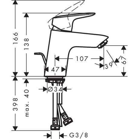Mitigeur Grohe, robinet de lavabo chromé, plan technique avec dimensions détaillées
