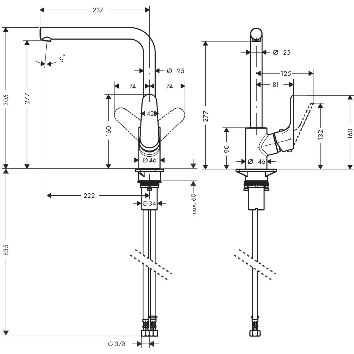 Mitigeur Grohe, robinetterie de cuisine chromée, schéma technique avec dimensions détaillées