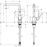 Mitigeur Grohe, robinetterie de cuisine chromée, schéma technique avec dimensions détaillées