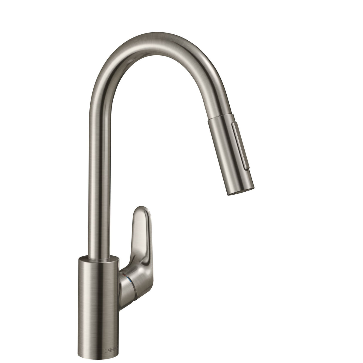 Mitigeur Hansgrohe, robinet cuisine inox, couleur acier brossé.