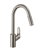 Mitigeur Hansgrohe, robinet cuisine inox, couleur acier brossé.