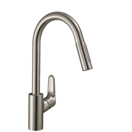 Mitigeur Hansgrohe, robinet cuisine inox, couleur acier brossé.