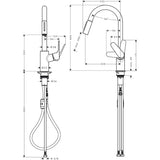 Mitigeur de cuisine Grohe, robinet chromé, schéma technique avec dimensions détaillées.