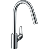 Mitigeur de cuisine Hansgrohe, robinet chromé avec bec haut et douchette extractible.