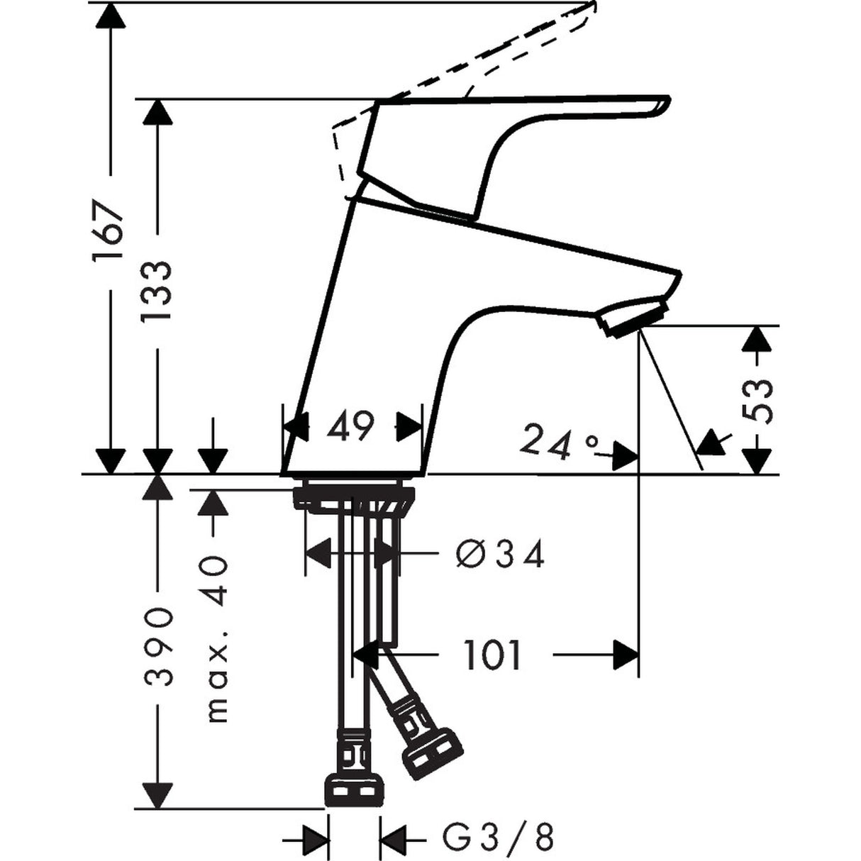 Mitigeur de lavabo chromé Grohe, schéma technique avec dimensions précises du robinet