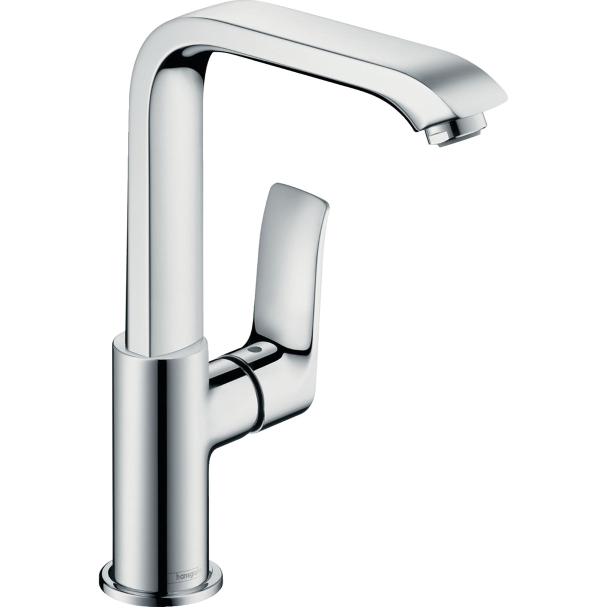 Mitigeur de cuisine Hansgrohe en chrome, robinet moderne couleur argentée.
