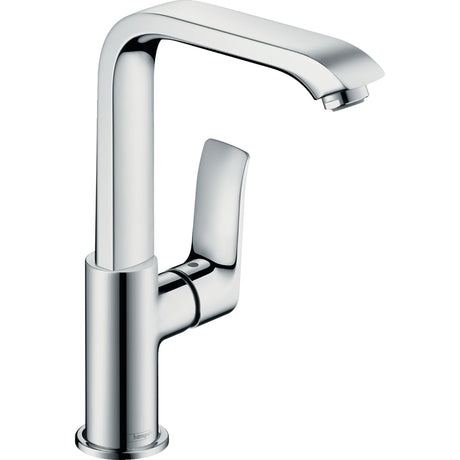 Mitigeur de cuisine Hansgrohe en chrome, robinet moderne couleur argentée.