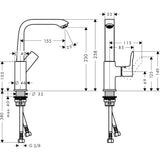 Robinet mitigeur Grohe, couleur chromée, plan technique avec dimensions détaillées.
