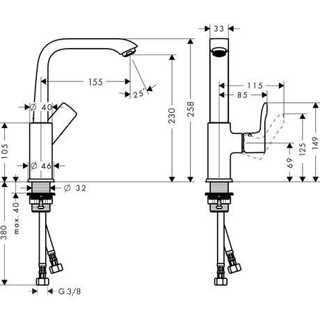 Robinet mitigeur Grohe, couleur chromée, plan technique avec dimensions détaillées.