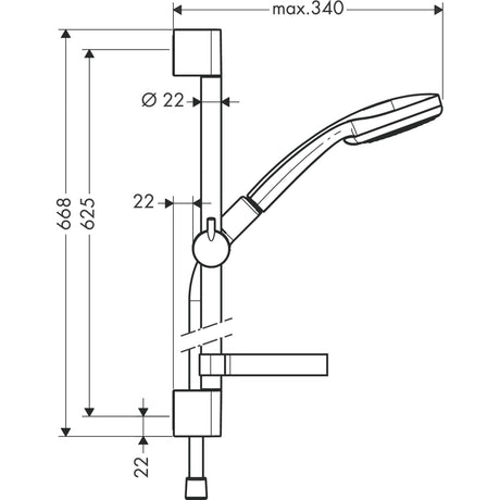 Schéma technique Grohe, barre de douche chromée, dimensions détaillées.