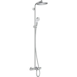 Colonne de douche Grohe chromée, mitigeur thermostatique, pommeau et douchette, couleur argentée.