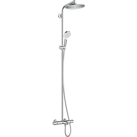 Colonne de douche Grohe chromée, mitigeur thermostatique, pommeau et douchette, couleur argentée.