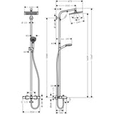Colonne de douche Grohe en métal chromé, schéma technique avec dimensions détaillées