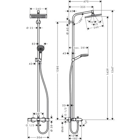 Colonne de douche Grohe en métal chromé, schéma technique avec dimensions détaillées