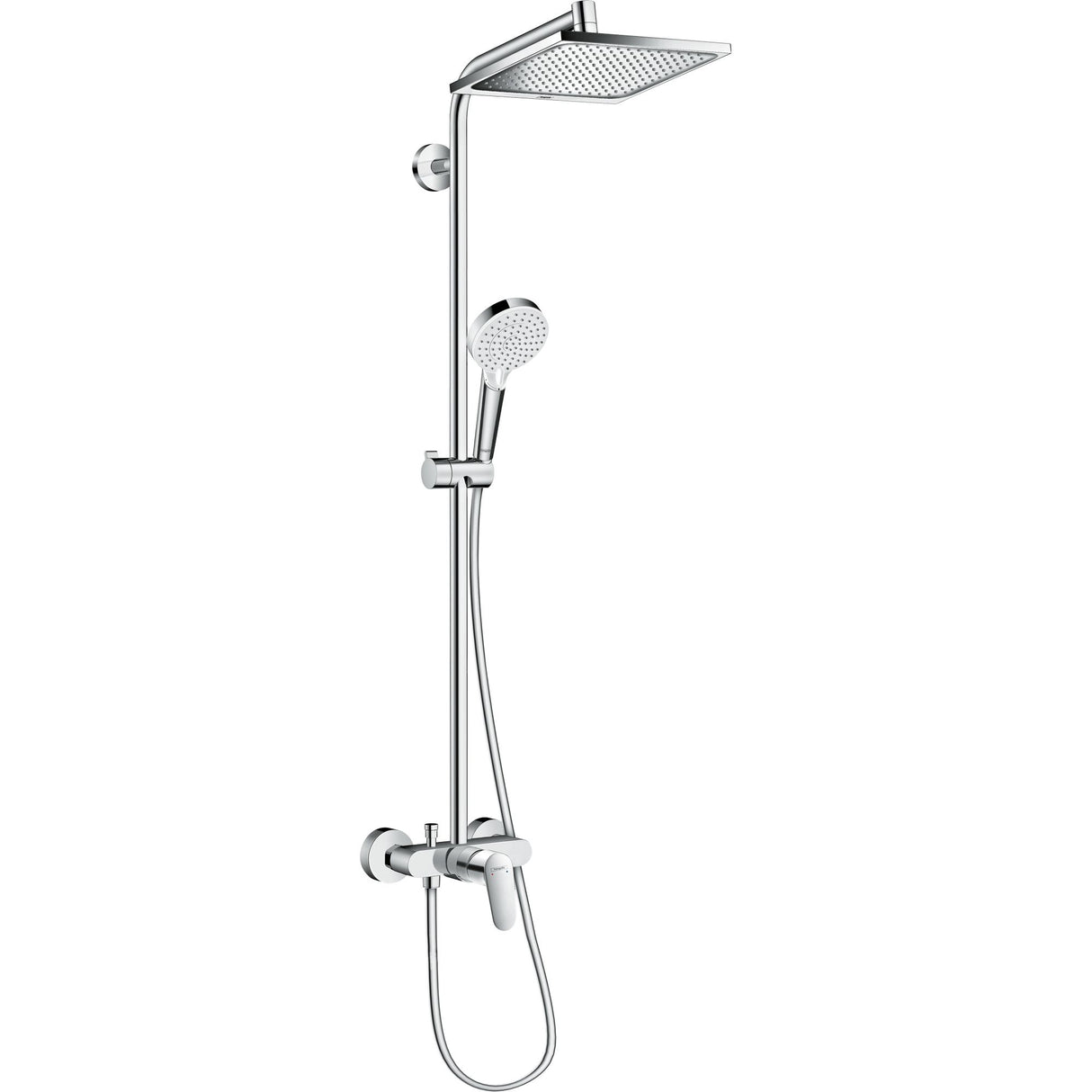 Colonne de douche Hansgrohe en chrome, avec douchette et pommeau carré.