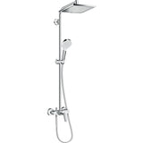 Colonne de douche Hansgrohe en chrome, avec douchette et pommeau carré.