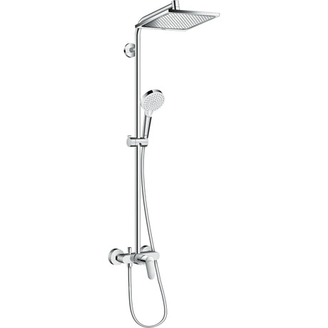 Colonne de douche Hansgrohe en chrome, avec douchette et pommeau carré.