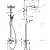 Schéma technique colonne de douche Grohe chromée avec pommeau et douchette, dimensions détaillées.