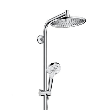 Colonne de douche Grohe chromée avec tête ronde et douchette à main, couleur argentée