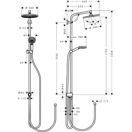 Colonne de douche Grohe, acier chromé, schéma technique avec mesures détaillées