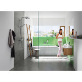 Douche Grohe chrome, salle de bain moderne, carrelage vert, colonne de douche