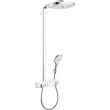 Colonne de douche Hansgrohe, ensemble de douche chromé avec pommeau et tête de douche, couleur argentée.