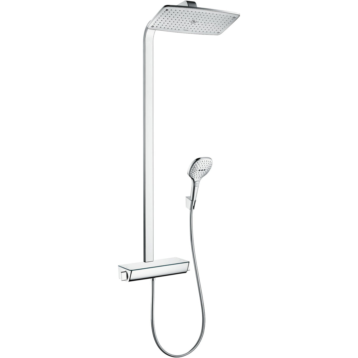 Colonne de douche Hansgrohe, ensemble douche chromé avec pommeau carré et flexible argenté