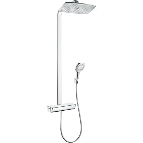 Colonne de douche Hansgrohe, ensemble douche chromé avec pommeau carré et flexible argenté