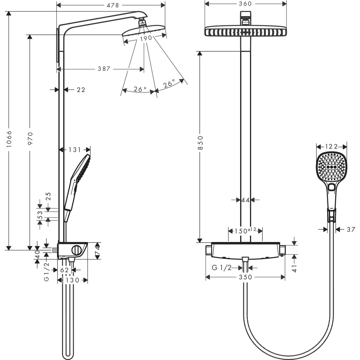 Colonne de douche Grohe, modèle thermostatique, couleur chromée, avec pommeau rond et douchette, schéma avec mesures.
