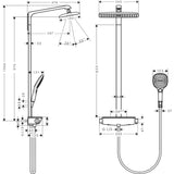 Colonne de douche Grohe, modèle thermostatique, couleur chromée, avec pommeau rond et douchette, schéma avec mesures.