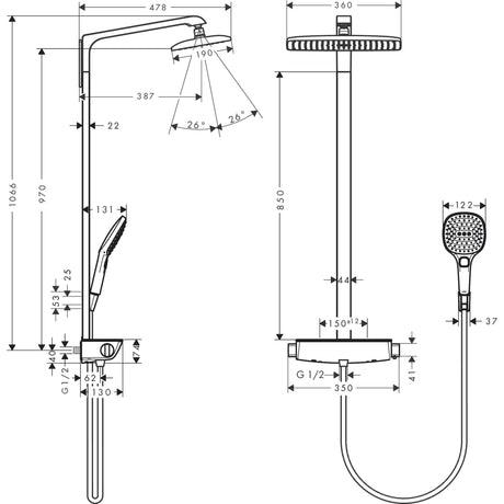 Colonne de douche Grohe, modèle thermostatique, couleur chromée, avec pommeau rond et douchette, schéma avec mesures.