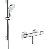 Douchette et mitigeur Hansgrohe, ensemble de douche chromé argenté, design moderne