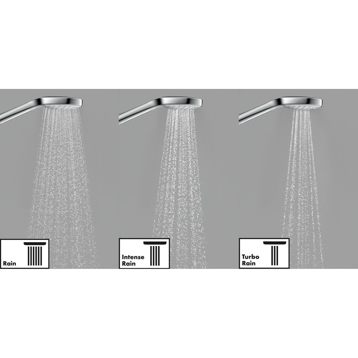 Douchette Grohe argentée, trois types de jets : Rain, Intense Rain, Turbo Rain.