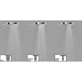 Douchette Grohe argentée, trois types de jets : Rain, Intense Rain, Turbo Rain.