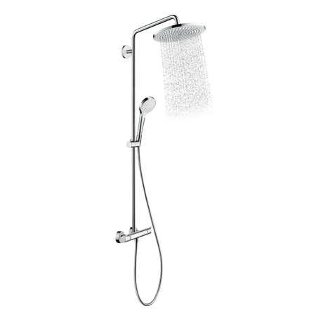 Colonne de douche Grohe chromée avec pommeau rond et douchette, eau en fonctionnement